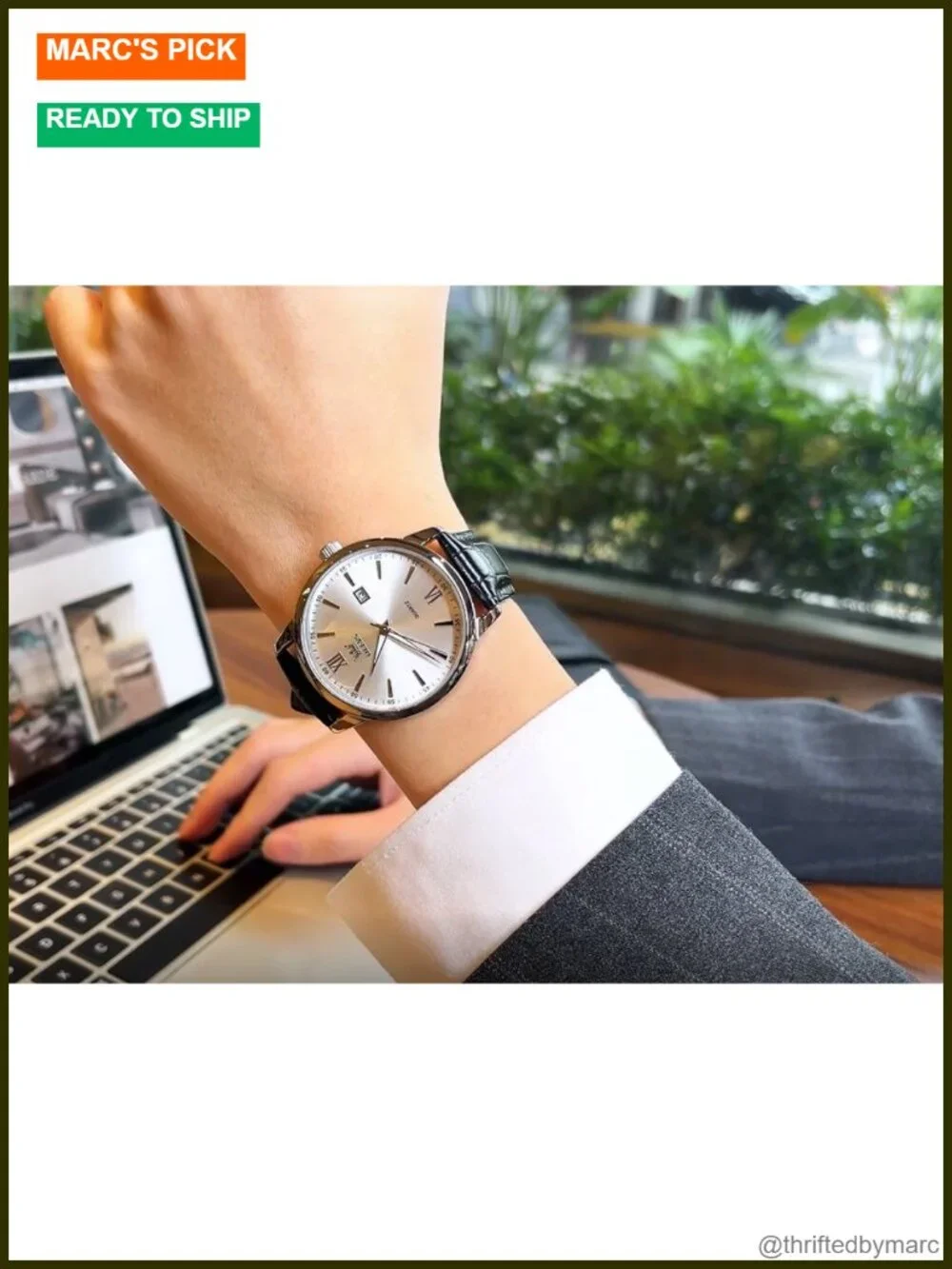 Leather Strap Quartz Watch with Date Window, Easy to Read Dial